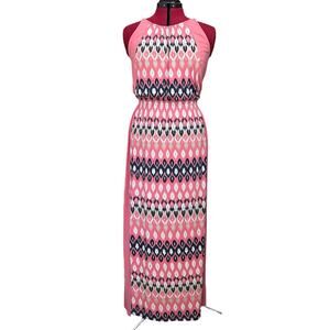 New York & Company High Neck Maxi Dress in Pink Geometric Pattern S/M NY&C